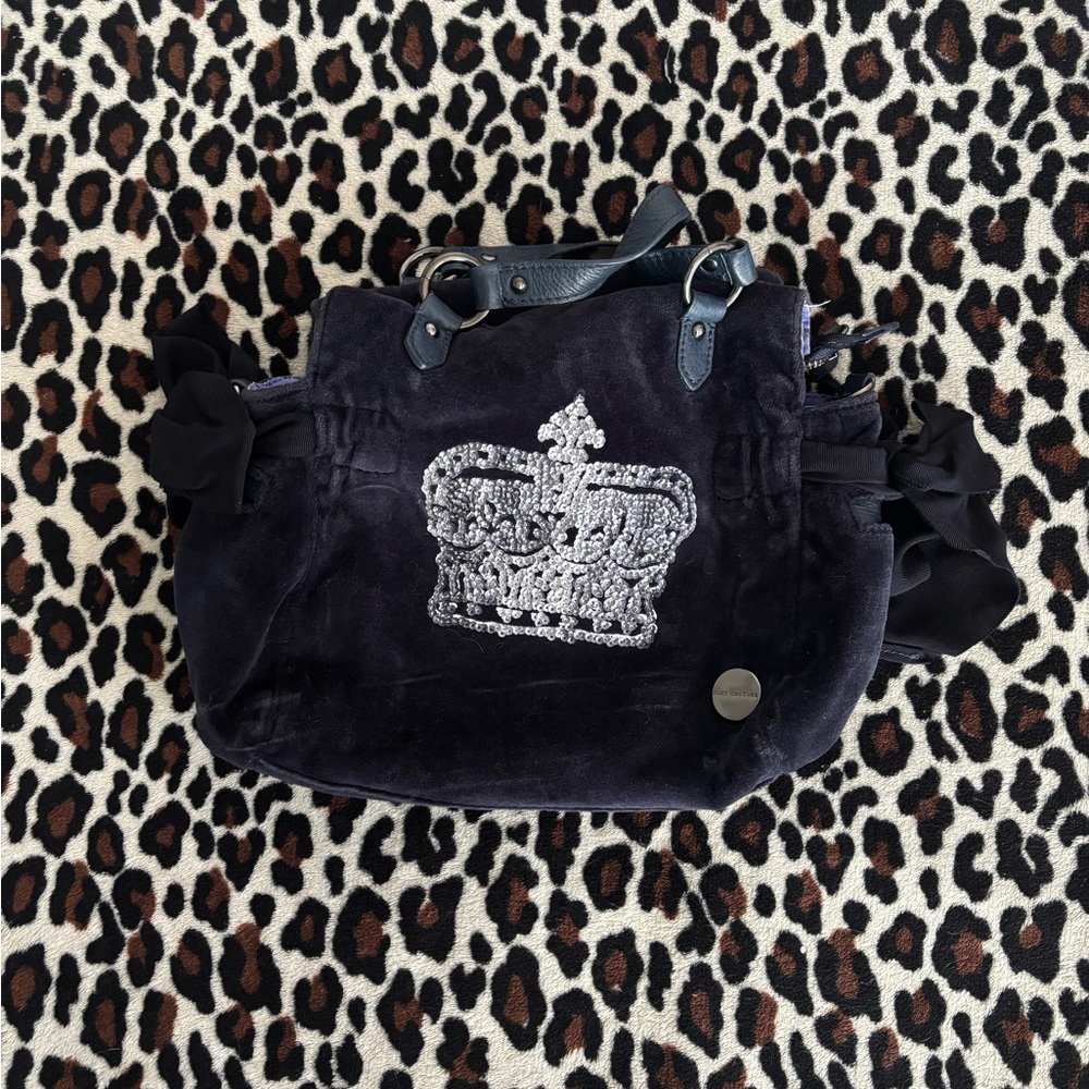 Juicy Couture Navy Blue Vintage Velvet Purse with Crown Embellishment